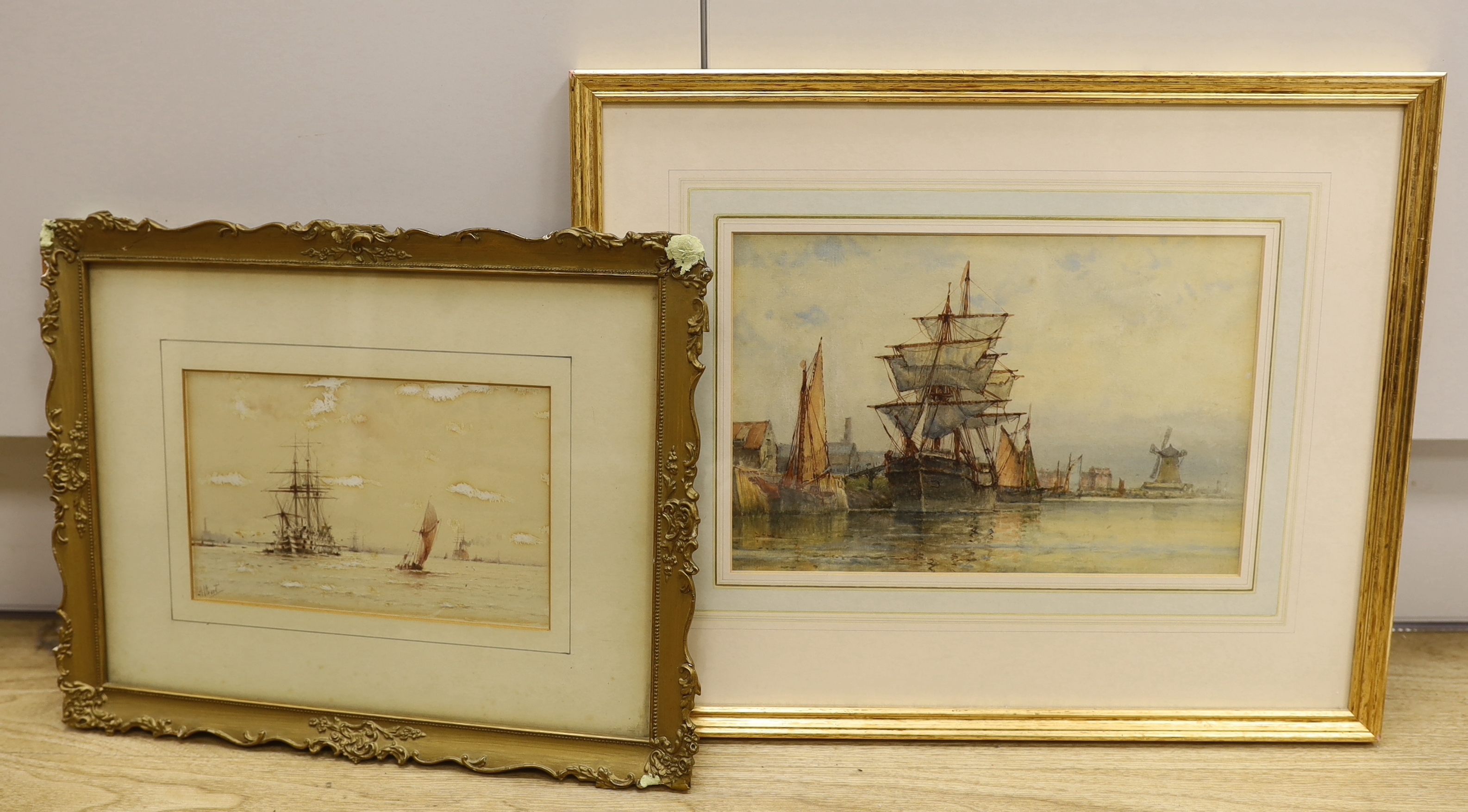 Albert Ernest Markes (1865-1901), watercolour, 'Training ship on the Thames', signed, together with Frederick James Aldridge (1850-1933), watercolour, 'Littlehampton', largest 17 x 27cm